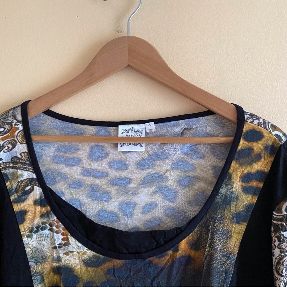 Parsley & Sage 3X Leopard Paisley Patchwork Tunic Top Stretch Boho Artsy Office - Picture 5 of 15